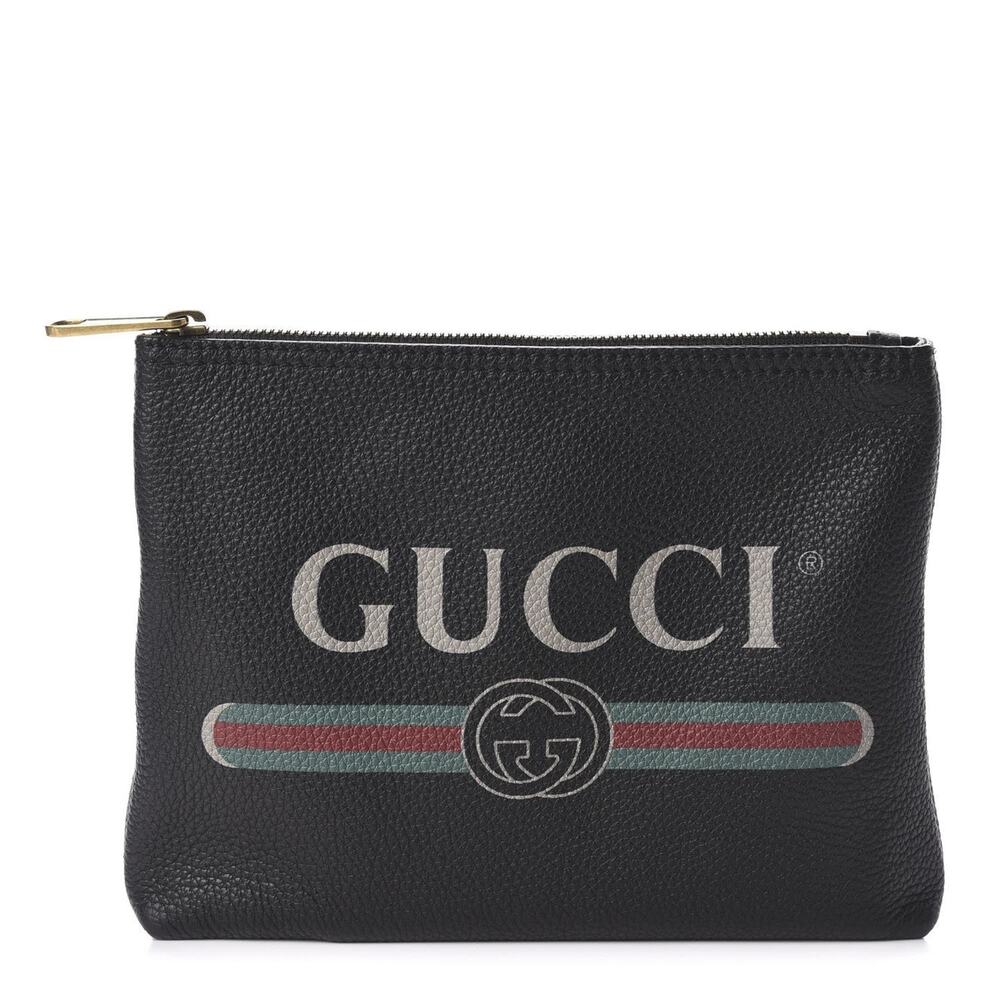 Gucci Black Pebbled Calfskin Leather Web Stripe Logo Portfolio Clutch Bag